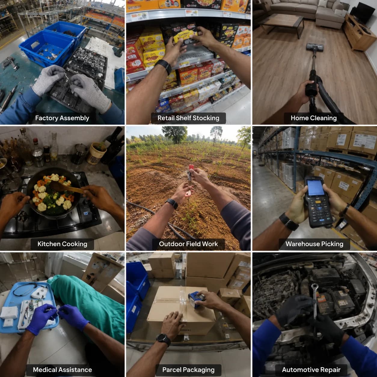 Factory, household, and retail human task diversity for physical AI training